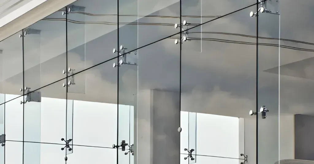 Tampilan fasad kaca frameless dengan spider fitting dari Power Trust