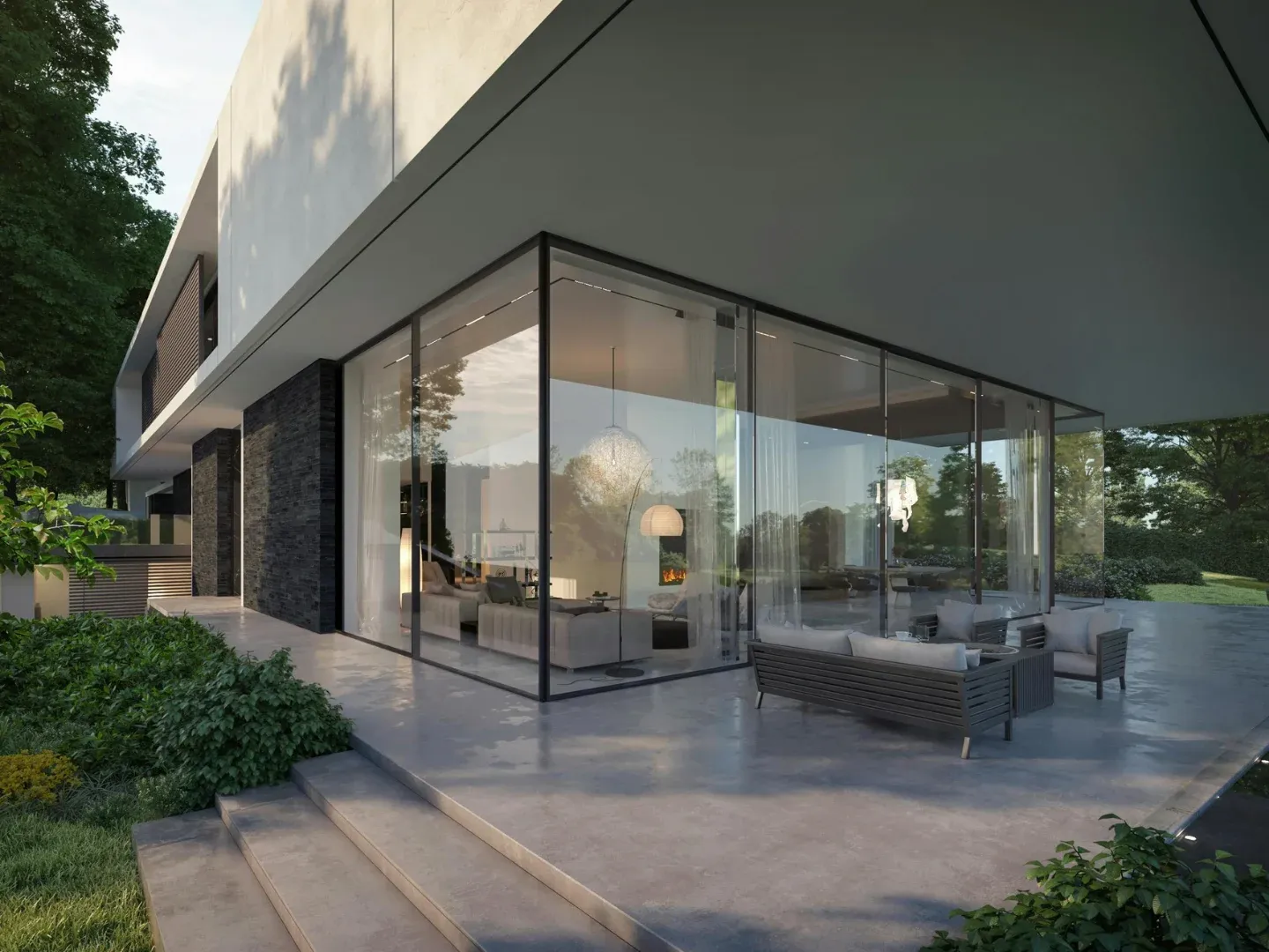 Area patio dan dinding kaca yang terinsulasi dengan baik