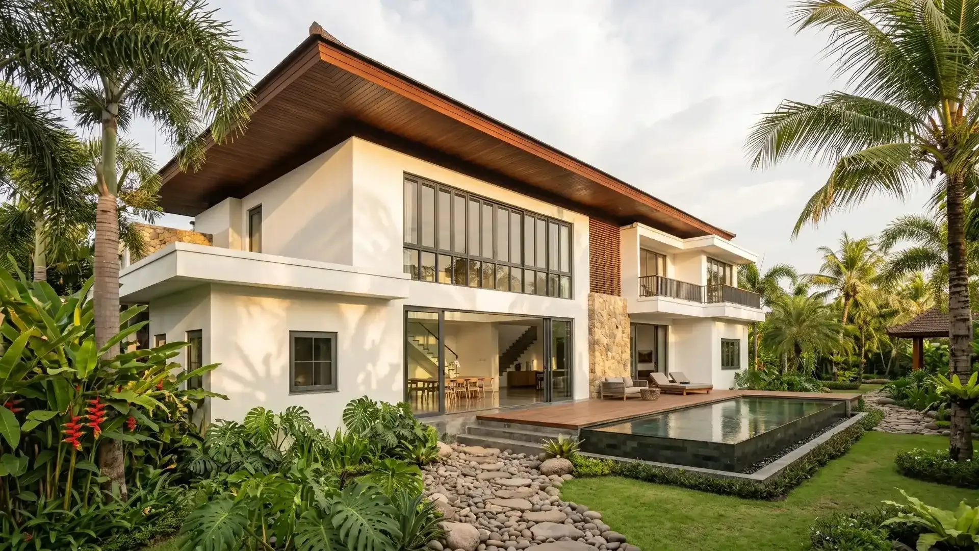 Sistem jendela uPVC modern pada fasad rumah tropis